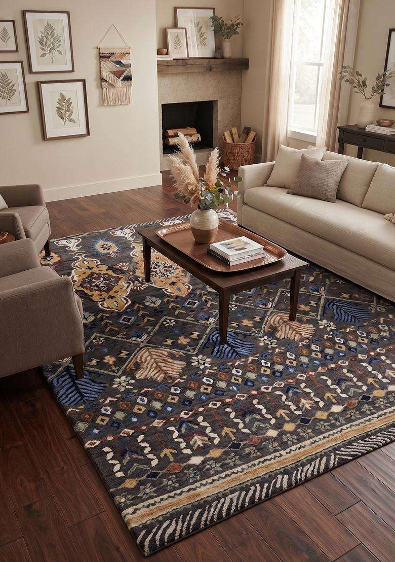 Saffron Rugs Hand-Tufted 100% Wool Area Rug | Charcoal Grey Rectangular Rug | Cotton Backing | Bohemian Geometric Carpet for Living Room - Indya