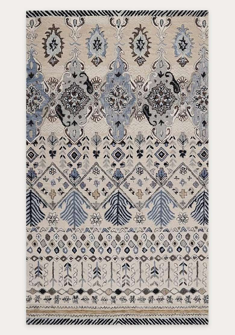 Saffron Rugs Hand-Tufted 100% Wool Area Rug | Cream Blue Rectangular Rug | Cotton Backing | Bohemian Geometric Carpet for Living Room - Indya