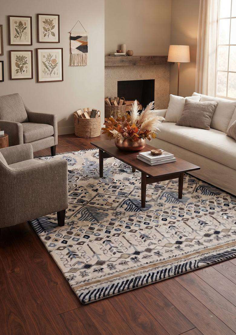 Saffron Rugs Cream Blue Bohemian Geometric Hand Tufted Wool Rectangular Rug - Indya