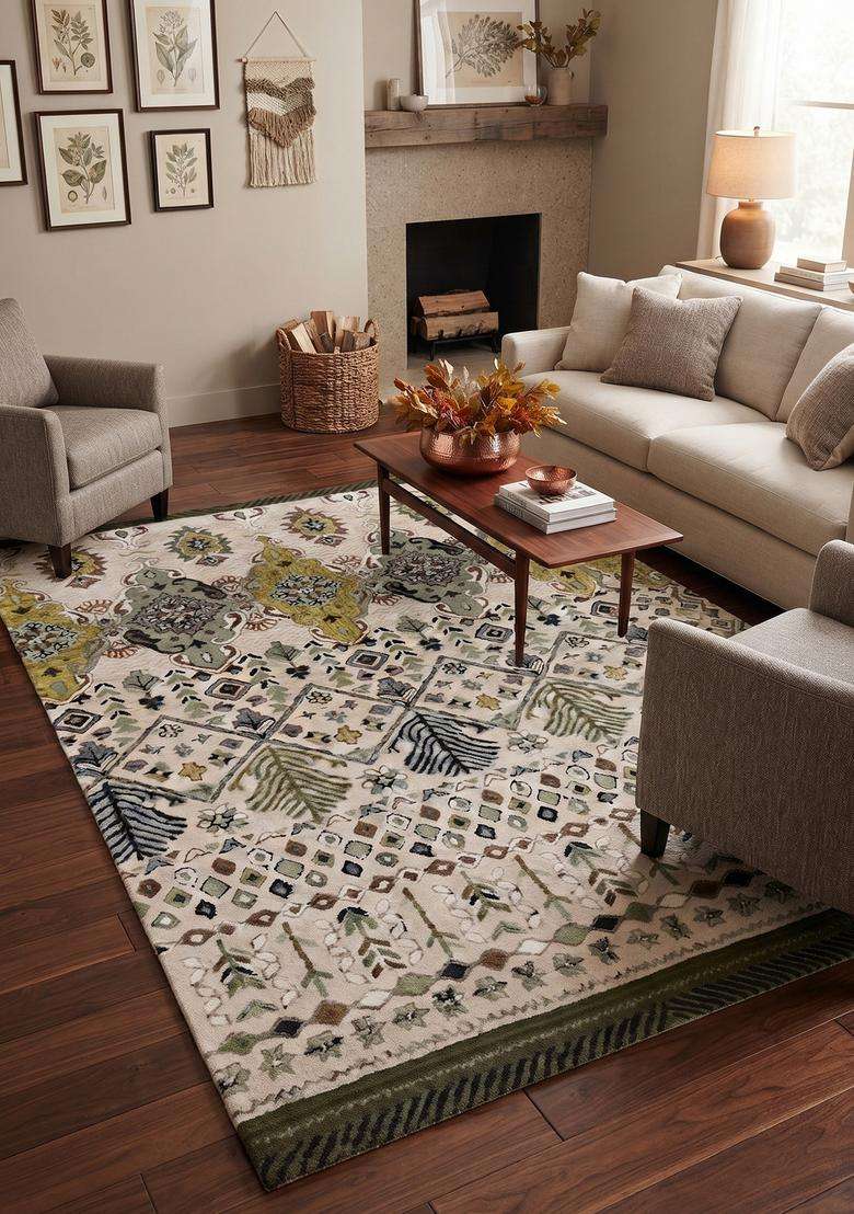 Saffron Rugs Ivory Green Multicolor Transitional Geometric Hand Tufted Wool Rectangular Rug - Indya