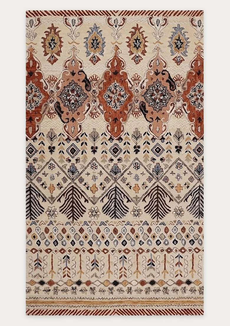 Saffron Rugs Cream Multicolor Bohemian Geometric Hand Tufted Wool Rectangular Rug - Indya