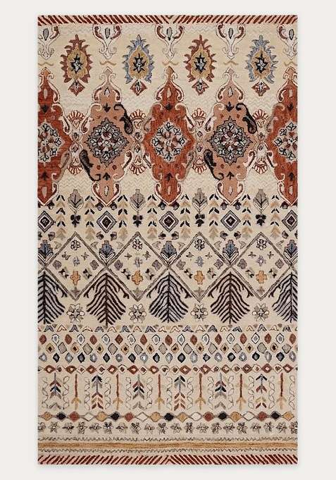 100% Wool Handmade Cream Multicolor Rug | Bohemian Geometric Carpet With Cotton Backing For Living Room