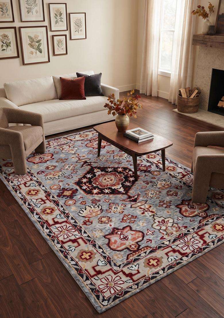 Saffron Rugs Blue Grey Oriental Geometric Hand Tufted Wool Rectangular Rug - Indya