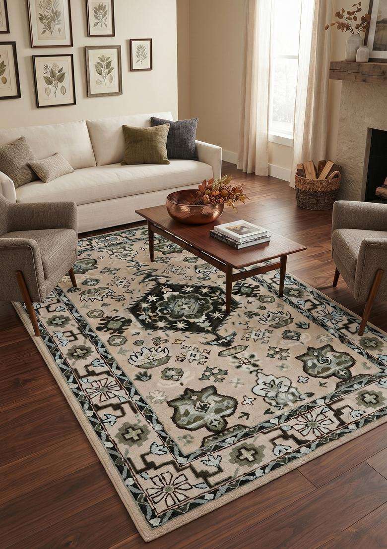 Saffron Rugs Hand-Tufted 100% Wool Area Rug | Beige Green Rectangular Rug | Cotton Backing | Oriental Floral Carpet for Living Room - Indya