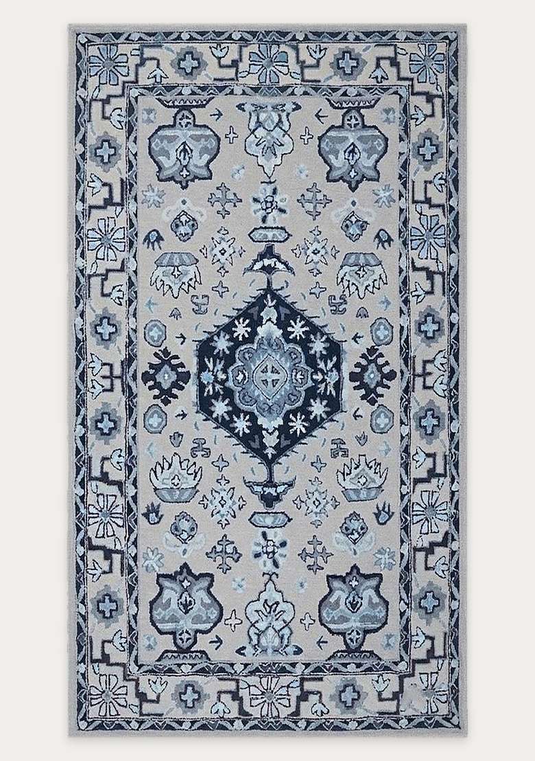 Saffron Rugs Hand-Tufted 100% Wool Area Rug | Grey Blue Rectangular Rug | Cotton Backing | Oriental Geometric Carpet for Living Room - Indya