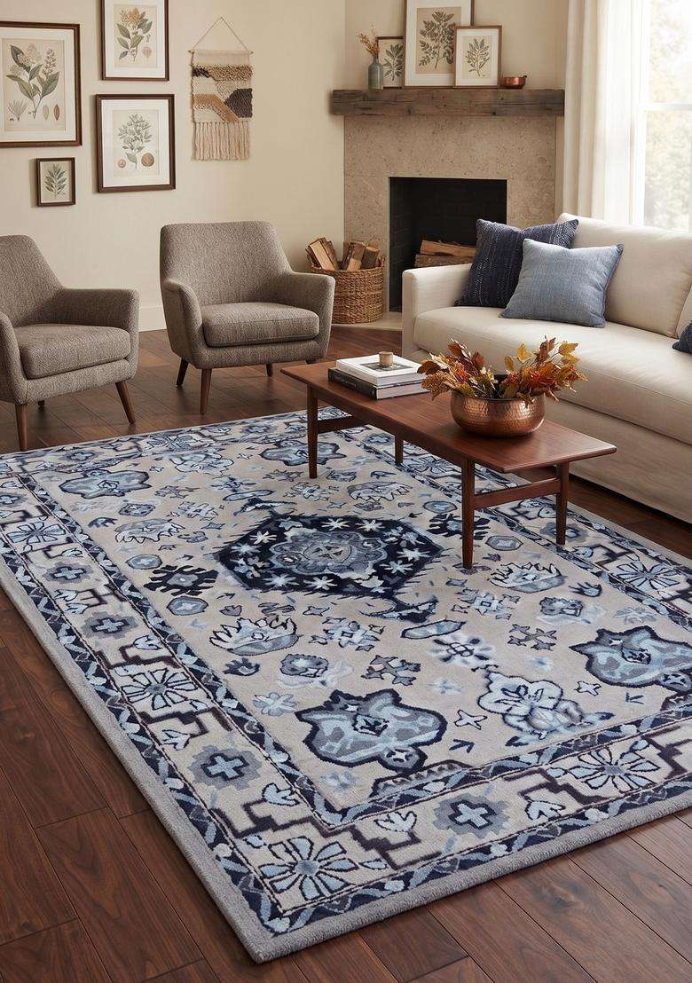Saffron Rugs Grey Blue Oriental Geometric Hand Tufted Wool Rectangular Rug - Indya