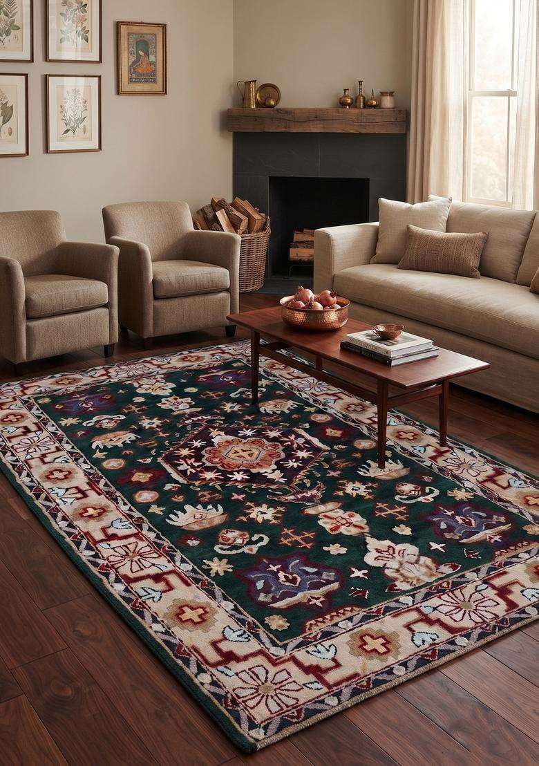 Saffron Rugs Hand-Tufted 100% Wool Area Rug | Dark Green Rectangular Rug | Cotton Backing | Oriental Floral Carpet for Living Room - Indya