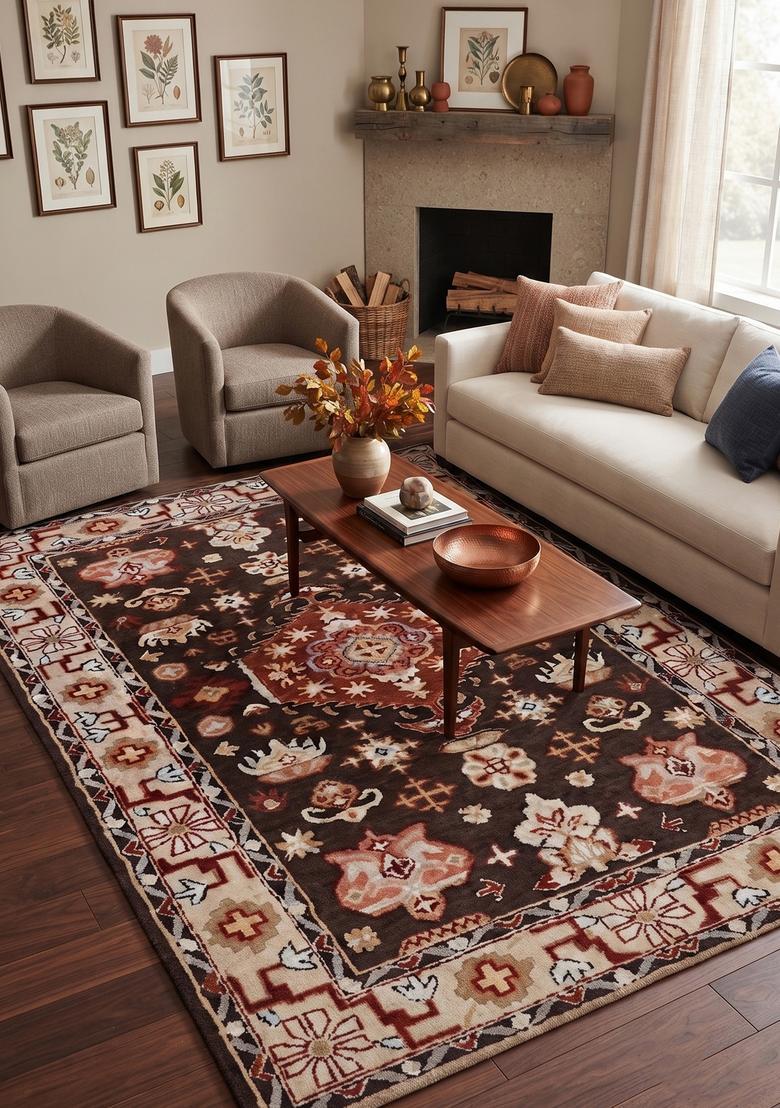 Saffron Rugs Dark Brown Oriental Floral Hand Tufted Wool Rectangular Rug - Indya