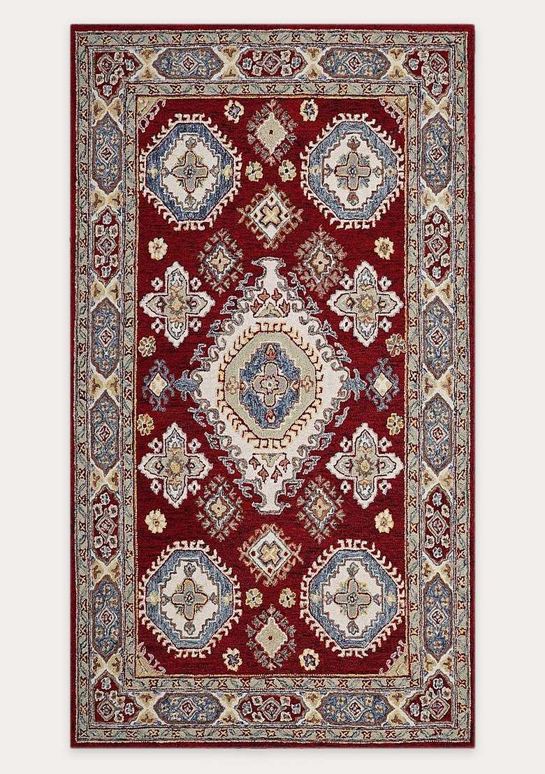 Saffron Rugs Hand-Tufted 100% Wool Area Rug | Red Rectangular Rug | Cotton Backing | Oriental Geometric Carpet for Living Room - Indya