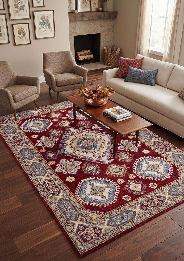 Saffron Rugs Red Oriental Geometric Hand Tufted Wool Rectangular Rug - Indya