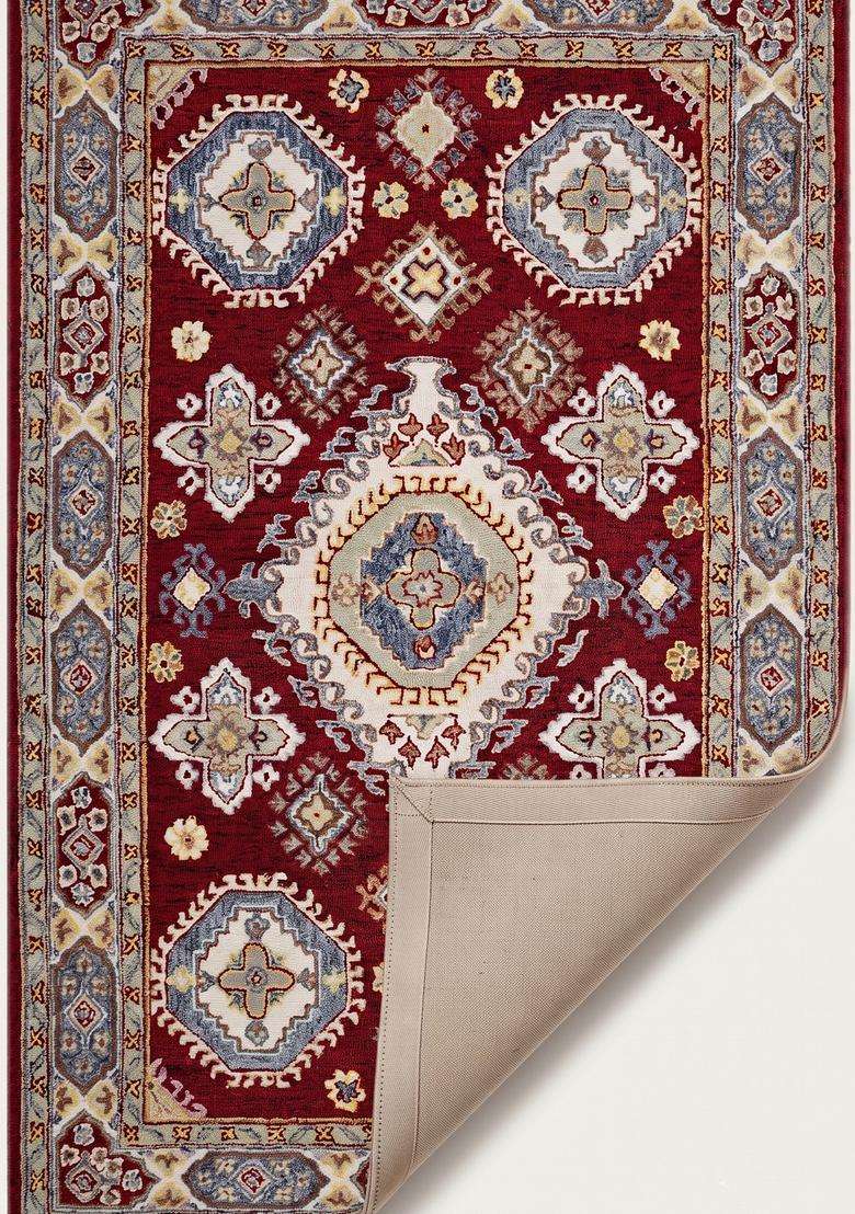 Saffron Rugs Hand-Tufted 100% Wool Area Rug | Red Rectangular Rug | Cotton Backing | Oriental Geometric Carpet for Living Room - Indya