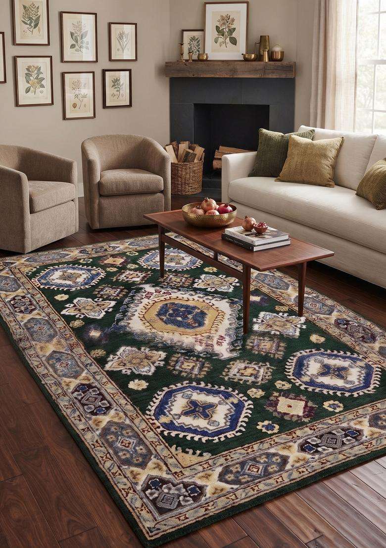 Saffron Rugs Hand-Tufted 100% Wool Area Rug | Dark Green Rectangular Rug | Cotton Backing | Oriental Geometric Carpet for Living Room - Indya