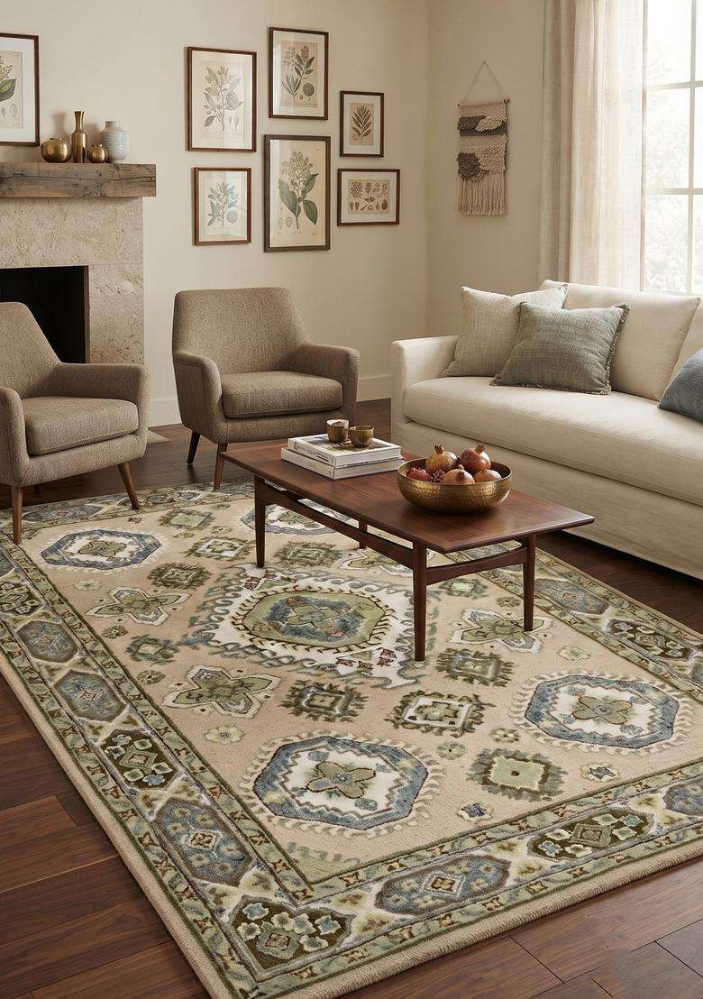 Saffron Rugs Hand-Tufted 100% Wool Area Rug | Beige Rectangular Rug | Cotton Backing | Oriental Geometric Carpet for Living Room - Indya