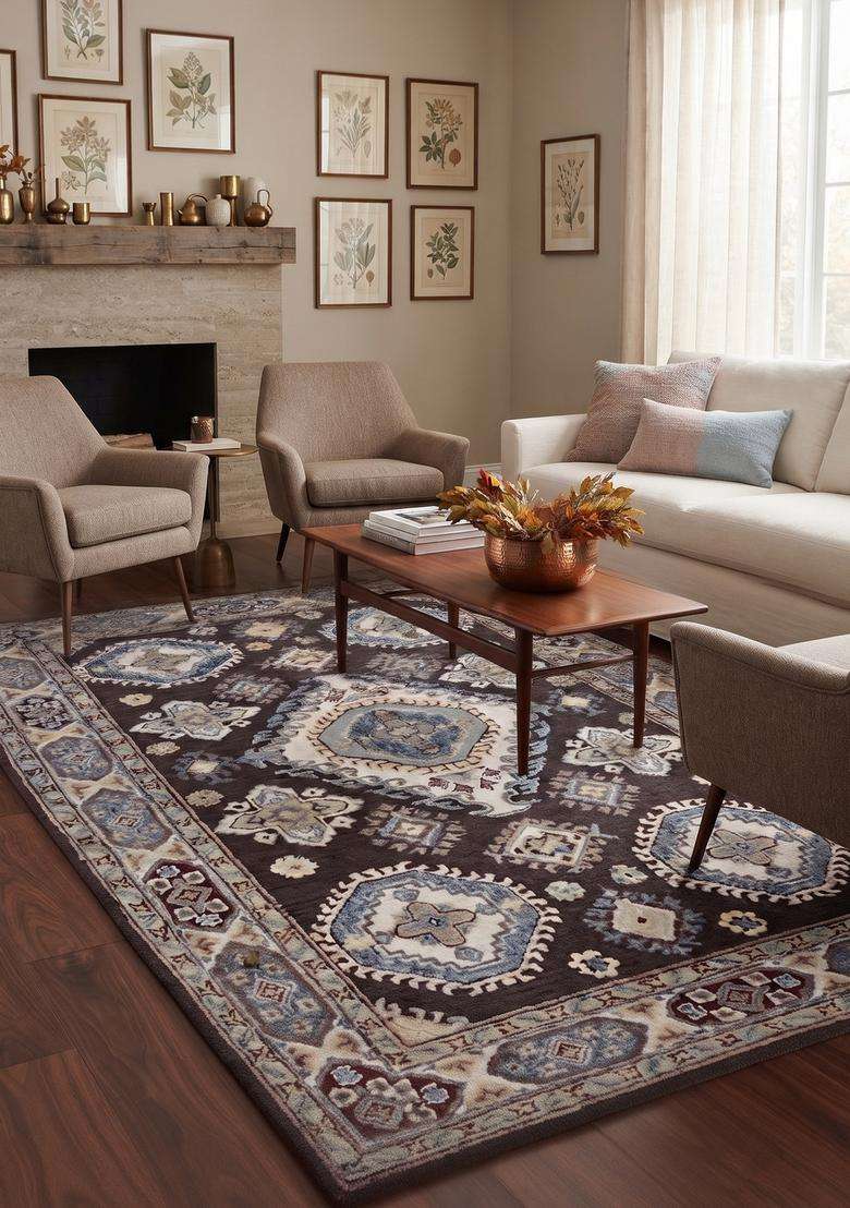 Saffron Rugs Hand-Tufted 100% Wool Area Rug | Dark Charcoal Rectangular Rug | Cotton Backing | Oriental Geometric Carpet for Living Room - Indya