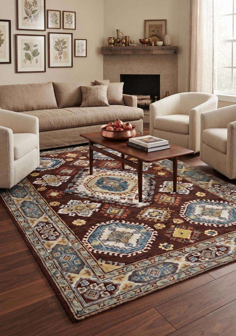 Saffron Rugs Hand-Tufted 100% Wool Area Rug | Dark Brown Rectangular Rug | Cotton Backing | Oriental Geometric Carpet for Living Room - Indya