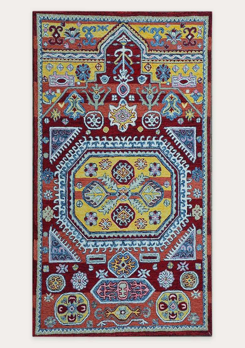Saffron Rugs Maroon Red Oriental Geometric Hand Tufted Wool Rectangular Rug - Indya