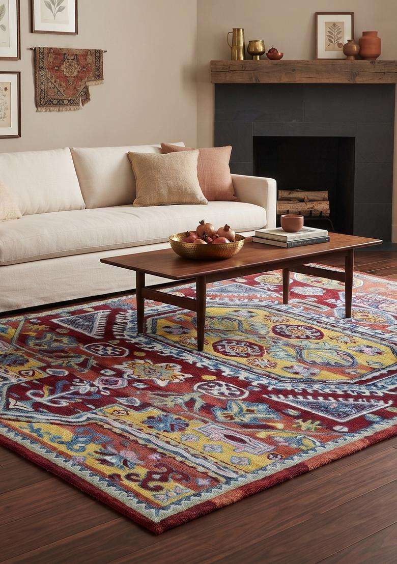 Saffron Rugs Hand-Tufted 100% Wool Area Rug | Maroon Red Rectangular Rug | Cotton Backing | Oriental Geometric Carpet for Living Room - Indya