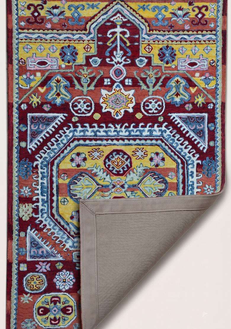 Saffron Rugs Maroon Red Oriental Geometric Hand Tufted Wool Rectangular Rug - Indya