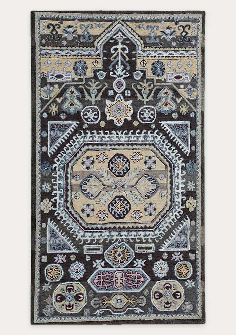 Saffron Rugs Dark Charcoal Grey Oriental Geometric Hand Tufted Wool Rectangular Rug - Indya