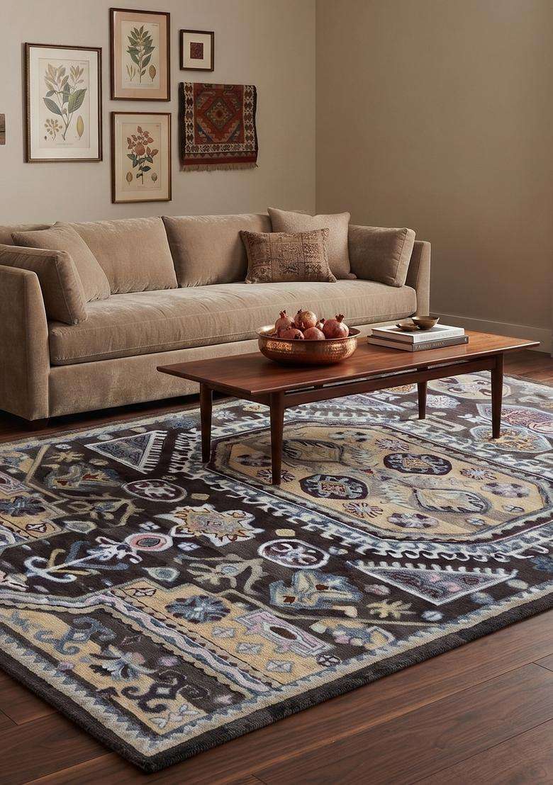 Saffron Rugs Hand-Tufted 100% Wool Area Rug | Dark Charcoal Grey Rectangular Rug | Cotton Backing | Oriental Geometric Carpet for Living Room - Indya