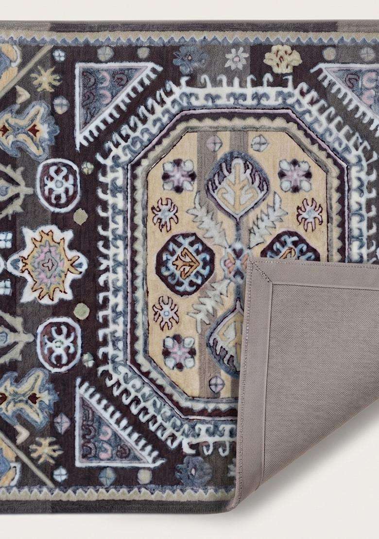 Saffron Rugs Dark Charcoal Grey Oriental Geometric Hand Tufted Wool Rectangular Rug - Indya