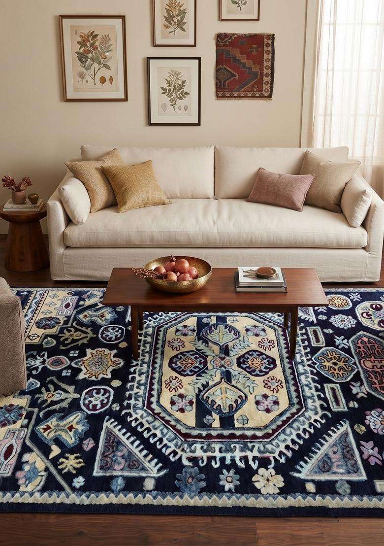 Saffron Rugs Hand-Tufted 100% Wool Area Rug | Navy Blue Rectangular Rug | Cotton Backing | Oriental Geometric Carpet for Living Room - Indya