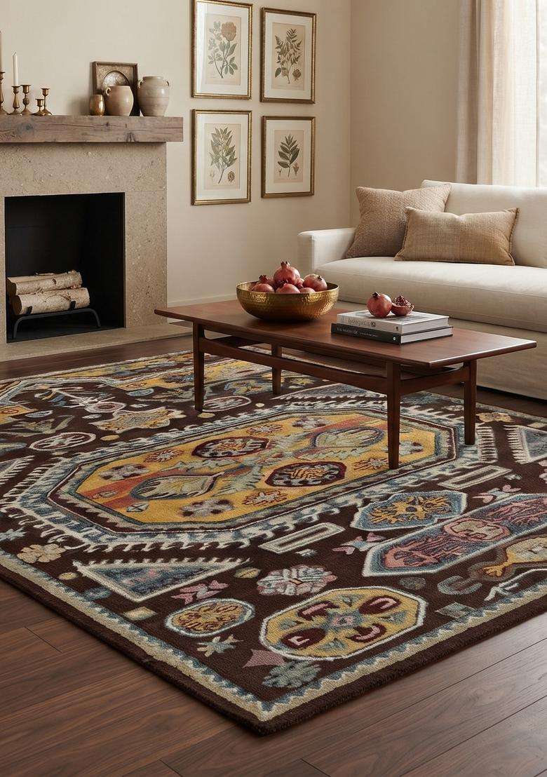 Saffron Rugs Hand-Tufted 100% Wool Area Rug | Dark Brown Rectangular Rug | Cotton Backing | Oriental Geometric Carpet for Living Room - Indya