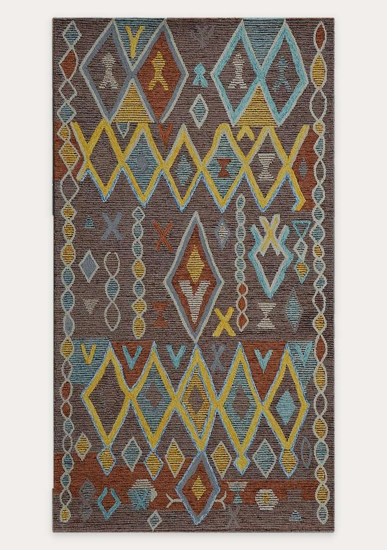 Saffron Rugs Hand-Tufted 100% Wool Area Rug | Dark Brown Multicolor Rectangular Rug | Cotton Backing | Bohemian Geometric Carpet for Living Room - Indya