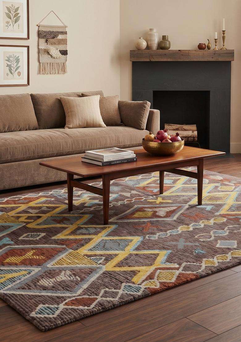 Saffron Rugs Dark Brown Multicolor Bohemian Geometric Hand Tufted Wool Rectangular Rug - Indya