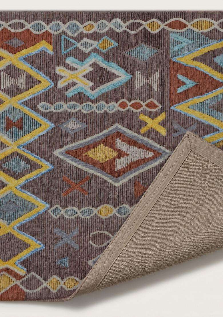 Saffron Rugs Hand-Tufted 100% Wool Area Rug | Dark Brown Multicolor Rectangular Rug | Cotton Backing | Bohemian Geometric Carpet for Living Room - Indya