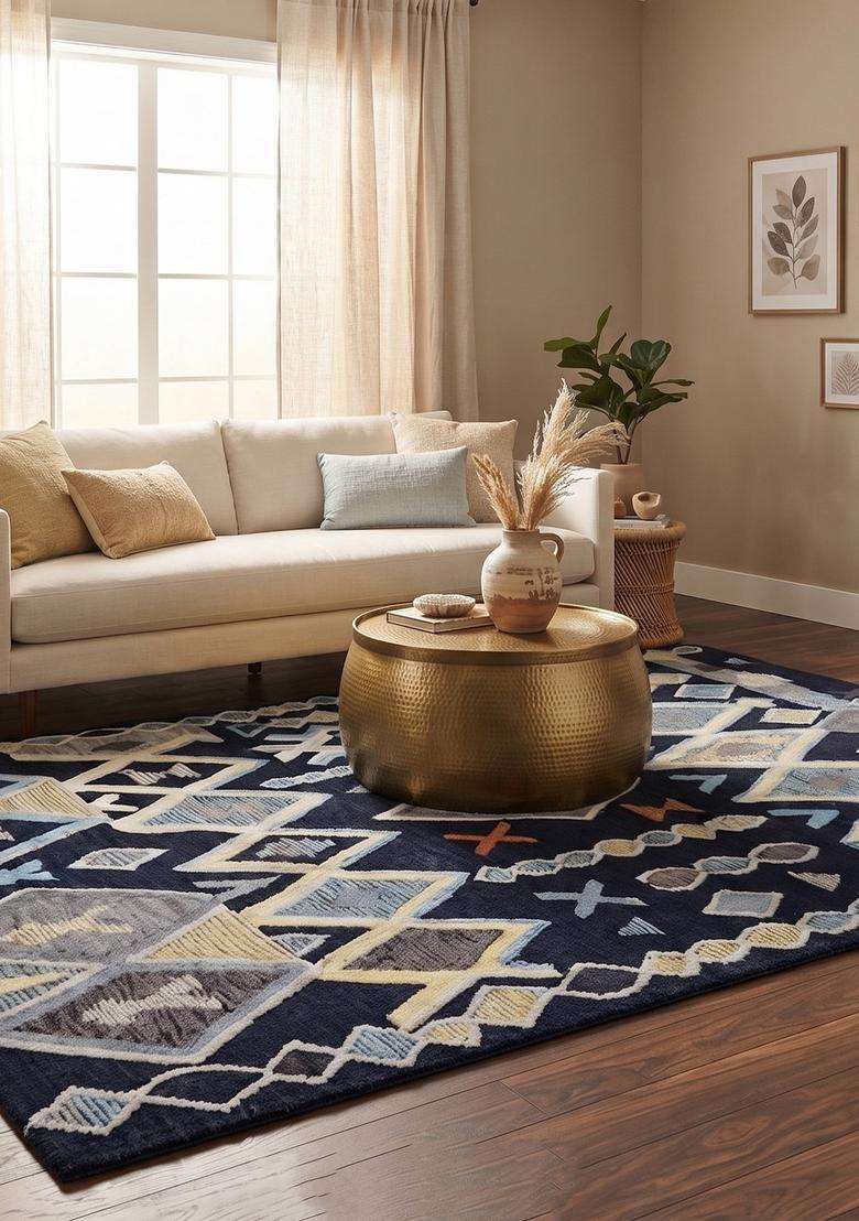 Saffron Rugs Hand-Tufted 100% Wool Area Rug | Navy Blue Rectangular Rug | Cotton Backing | Bohemian Geometric Carpet for Living Room - Indya