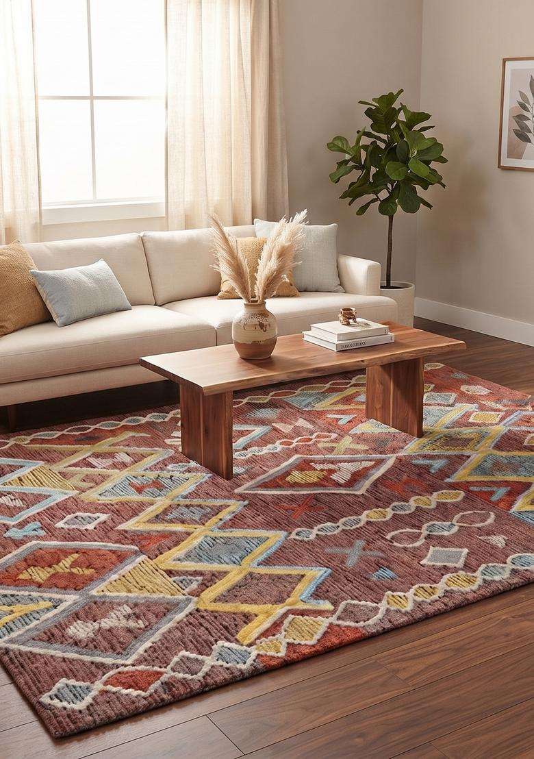 Saffron Rugs Hand-Tufted 100% Wool Area Rug | Terracotta Brown Rectangular Rug | Cotton Backing | Bohemian Geometric Carpet for Living Room - Indya