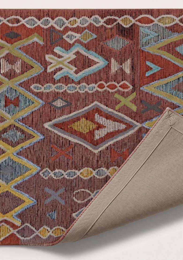 Saffron Rugs Terracotta Brown Bohemian Geometric Hand Tufted Wool Rectangular Rug - Indya