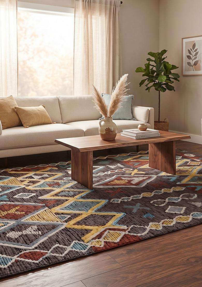 Saffron Rugs Hand-Tufted 100% Wool Area Rug | Dark Brown Multicolor Rectangular Rug | Cotton Backing | Bohemian Geometric Carpet for Living Room - Indya