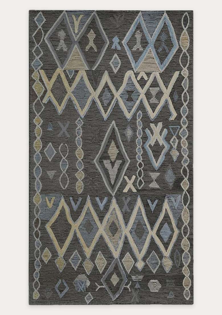 Saffron Rugs Hand-Tufted 100% Wool Area Rug | Charcoal Grey Rectangular Rug | Cotton Backing | Bohemian Geometric Carpet for Living Room - Indya