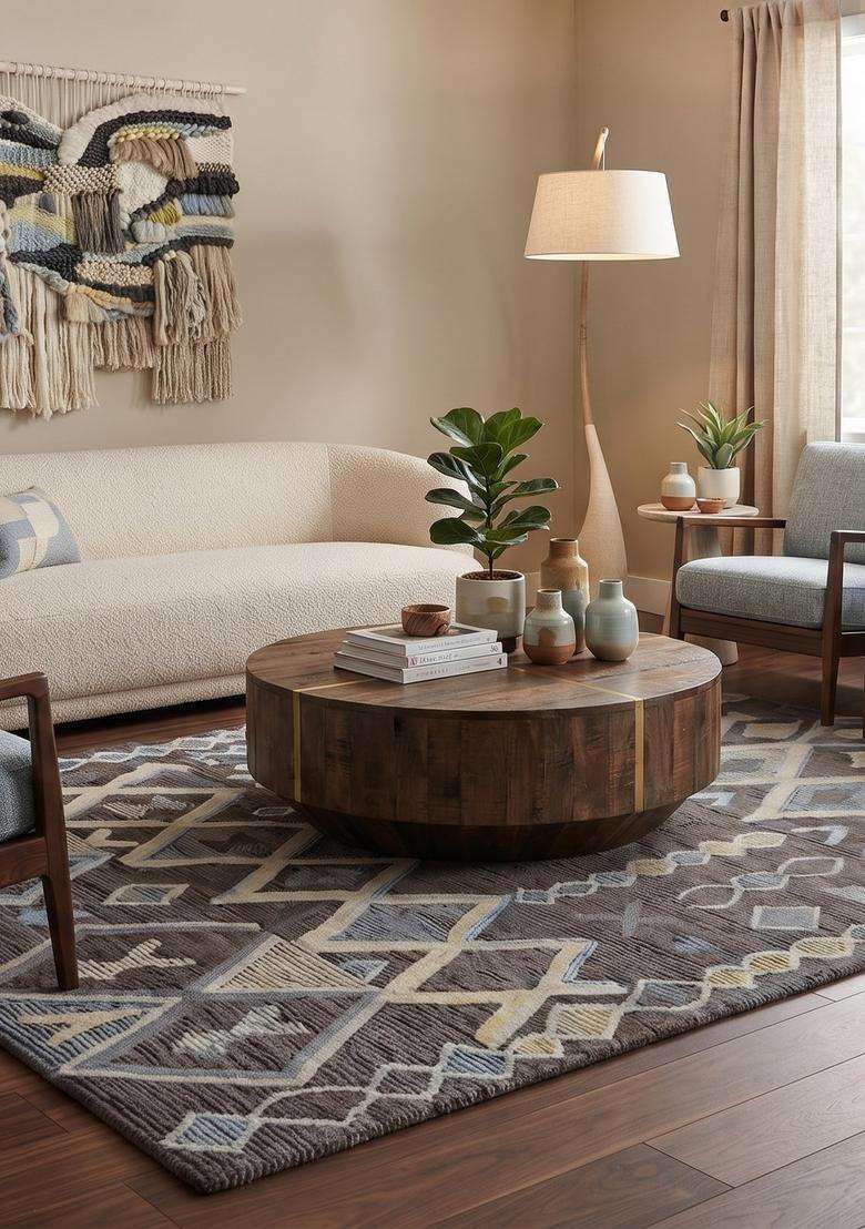 Saffron Rugs Charcoal Grey Bohemian Geometric Hand Tufted Wool Rectangular Rug - Indya