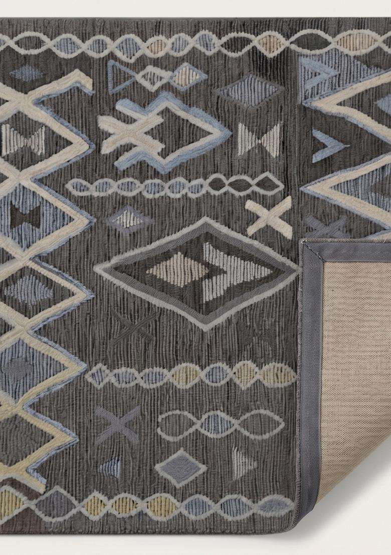 Saffron Rugs Hand-Tufted 100% Wool Area Rug | Charcoal Grey Rectangular Rug | Cotton Backing | Bohemian Geometric Carpet for Living Room - Indya