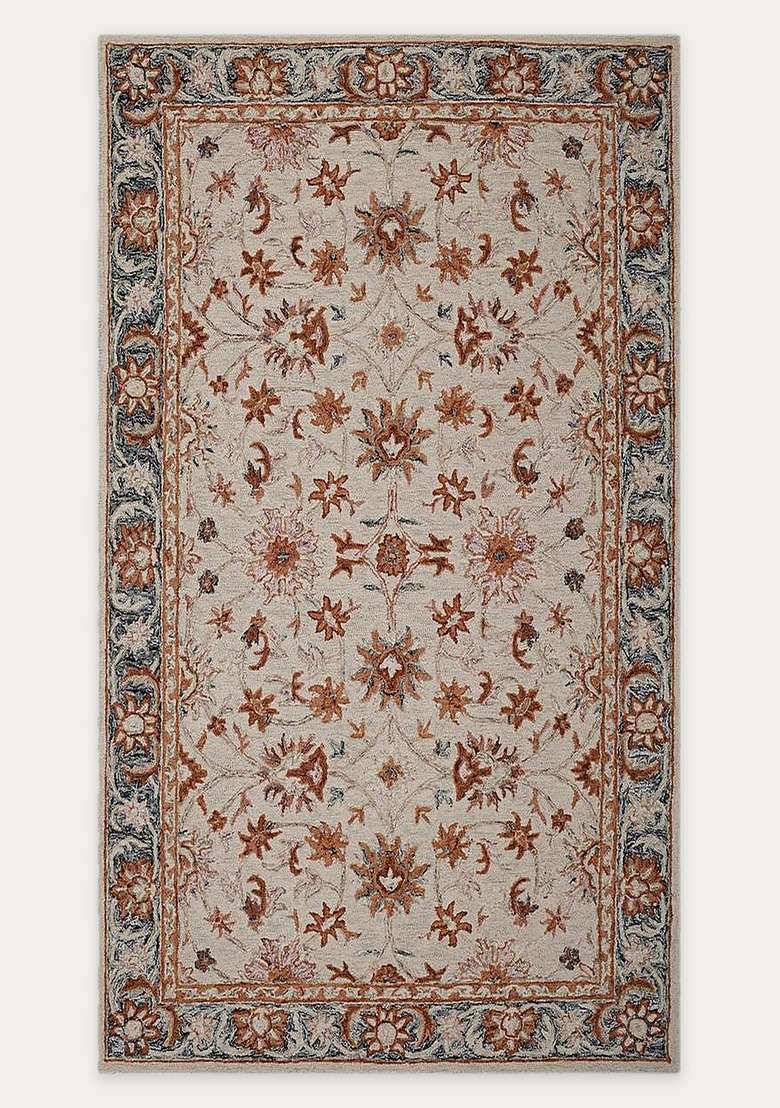 Saffron Rugs Beige Classic Floral Hand Tufted Wool Rectangular Rug - Indya