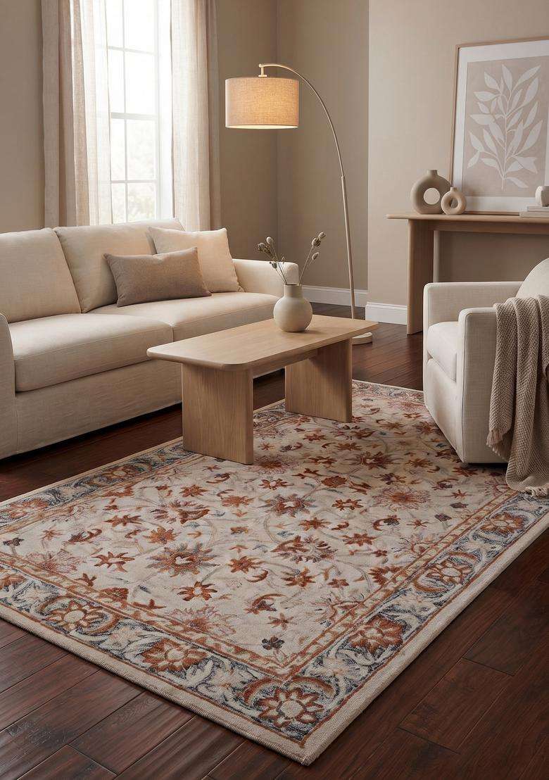 Saffron Rugs Hand-Tufted 100% Wool Area Rug | Beige Floral Rectangular Rug | Cotton Backing | Classic Floral Carpet for Living Room - Indya