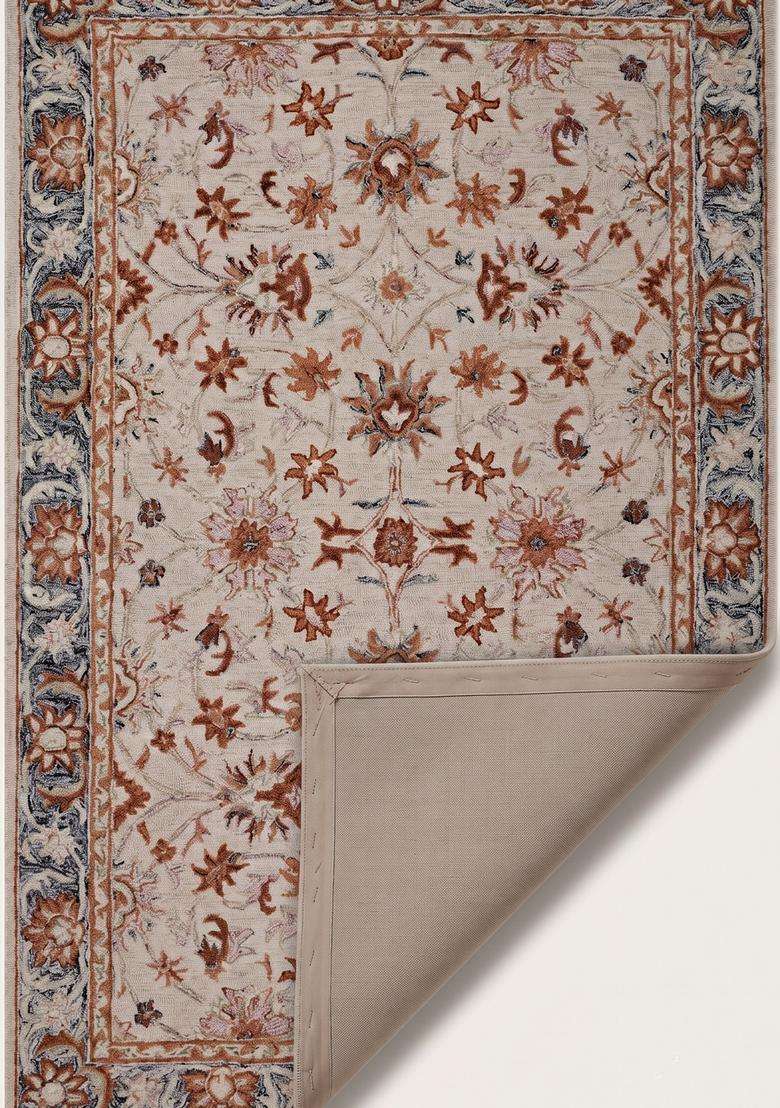Saffron Rugs Beige Classic Floral Hand Tufted Wool Rectangular Rug - Indya