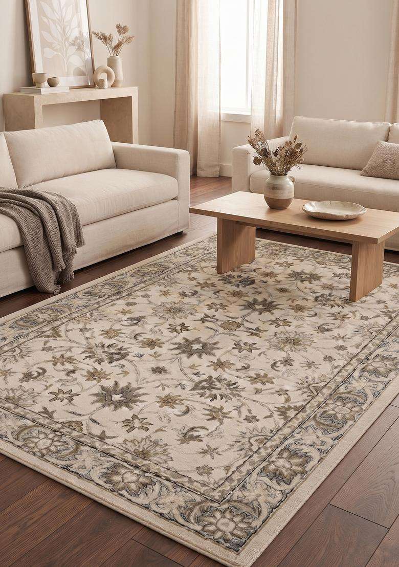 Saffron Rugs Hand-Tufted 100% Wool Area Rug | Ivory Beige Rectangular Rug | Cotton Backing | Classic Floral Carpet for Living Room - Indya