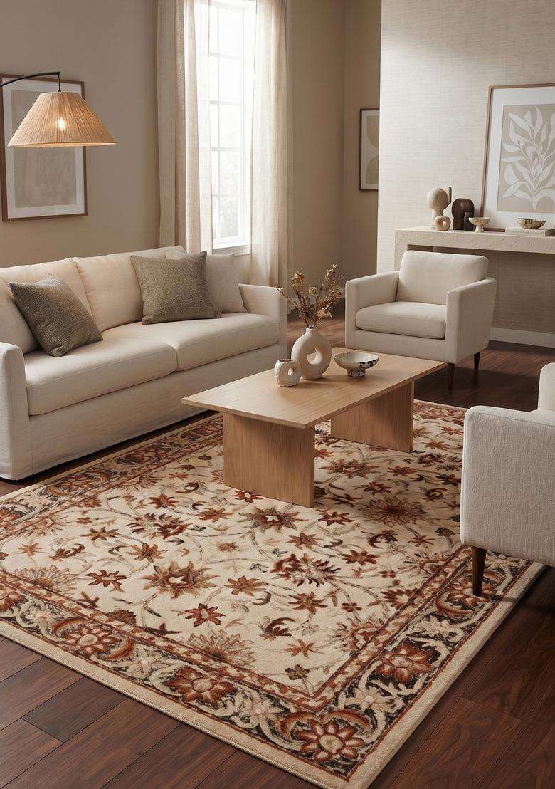 Saffron Rugs Hand-Tufted 100% Wool Area Rug | Ivory Rectangular Rug | Cotton Backing | Classic Floral Carpet for Living Room - Indya