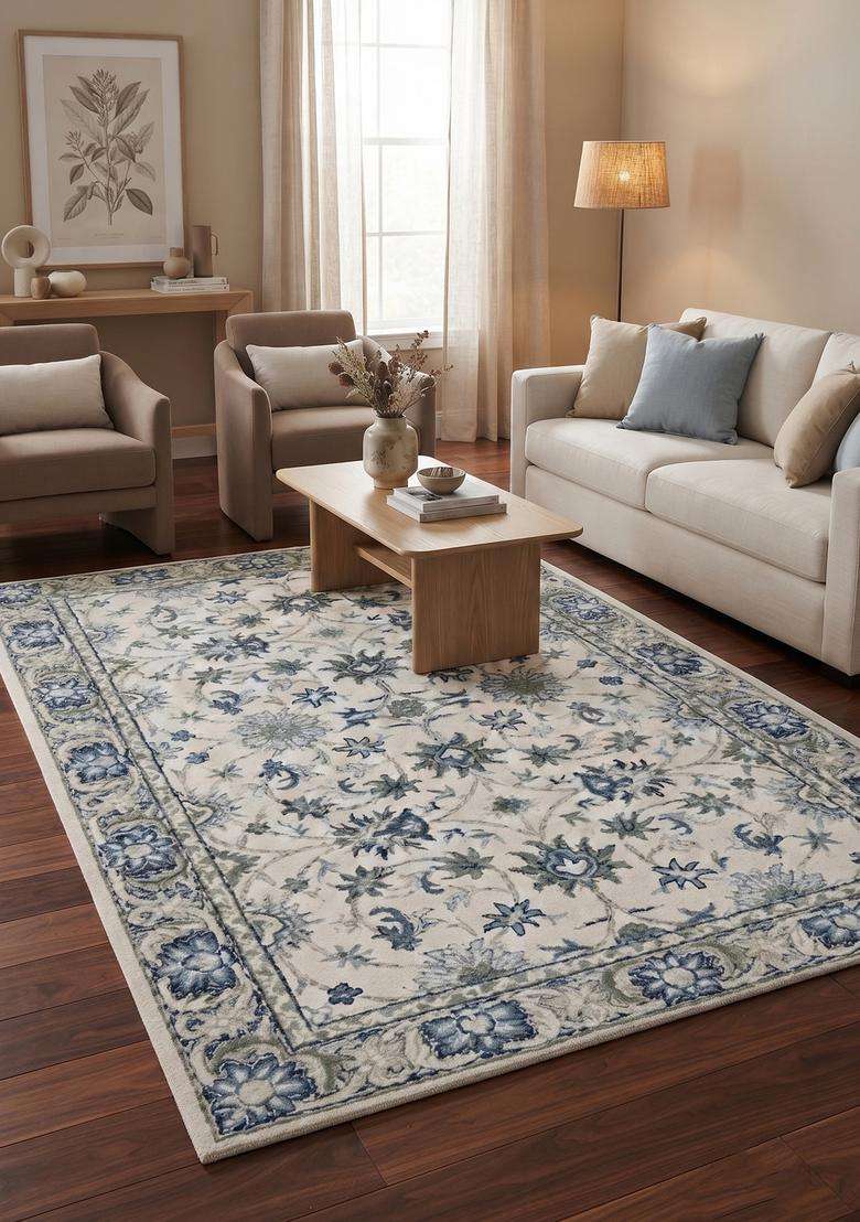 Saffron Rugs Hand-Tufted 100% Wool Area Rug | Ivory Blue Rectangular Rug | Cotton Backing | Classic Floral Carpet for Living Room - Indya