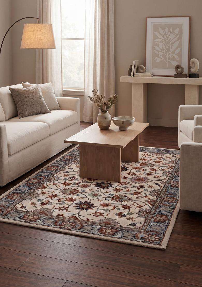 Saffron Rugs Hand-Tufted 100% Wool Area Rug | Ivory Rectangular Rug | Cotton Backing | Oriental Floral Carpet for Living Room - Indya