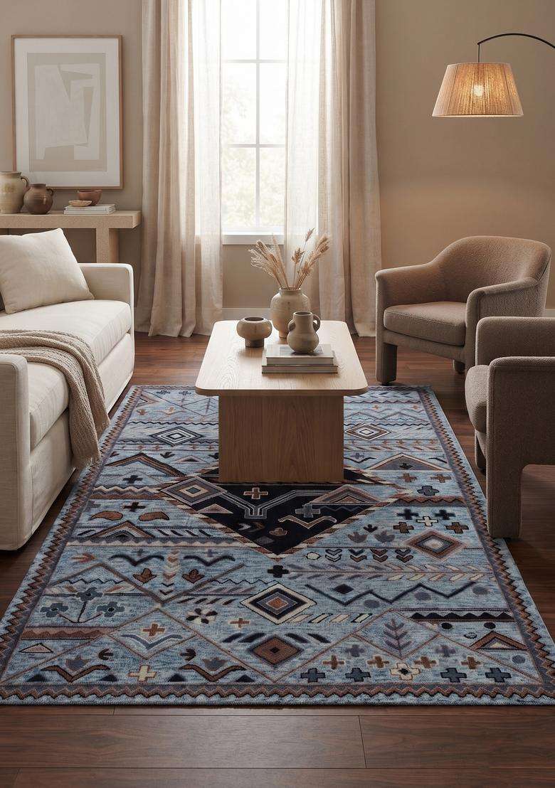 Saffron Rugs Hand-Tufted 100% Wool Area Rug | Light Blue Rectangular Rug | Cotton Backing | Bohemian Geometric Carpet for Living Room - Indya