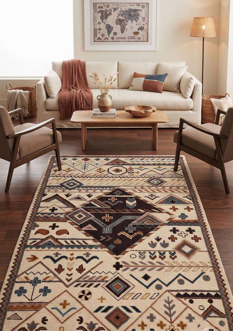 Saffron Rugs Hand-Tufted 100% Wool Area Rug | Ivory Multicolor Rectangular Rug | Cotton Backing | Bohemian Geometric Carpet for Living Room - Indya