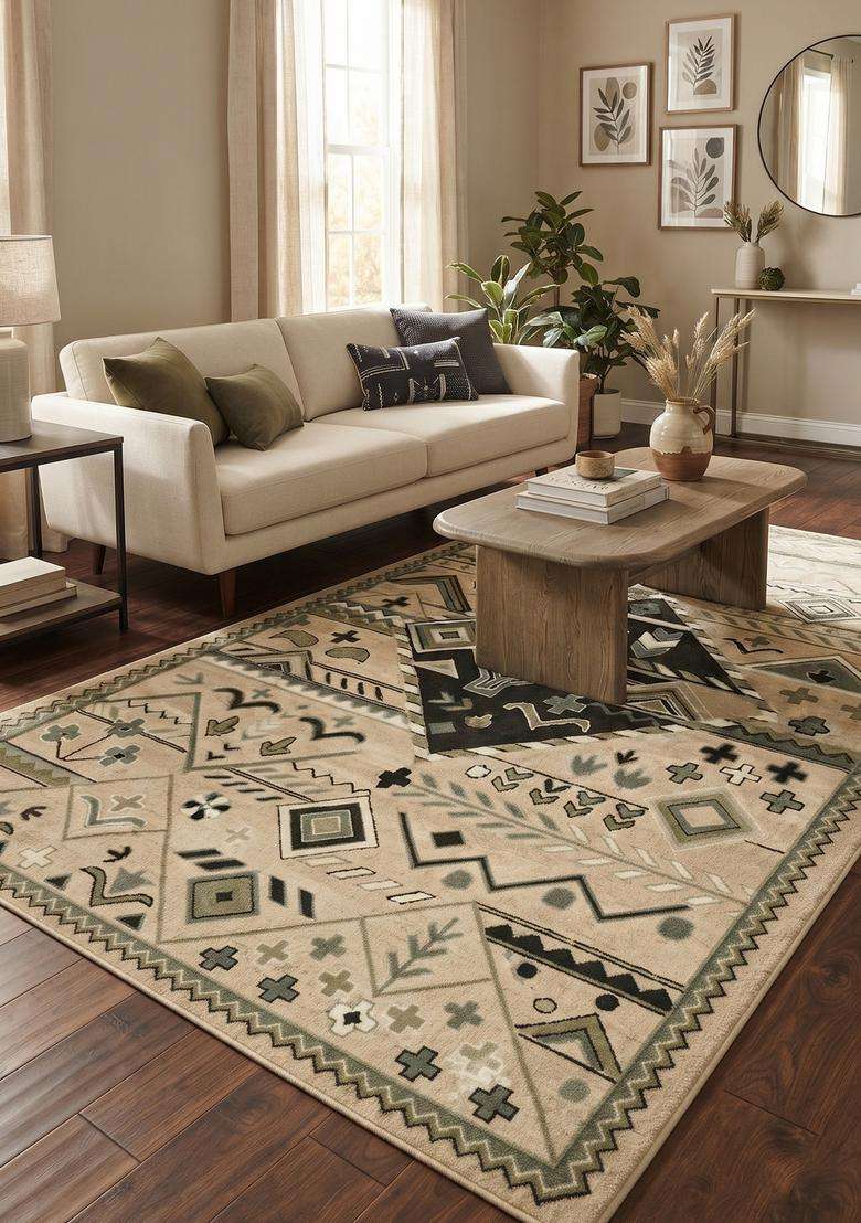Saffron Rugs Hand-Tufted 100% Wool Area Rug | Beige Rectangular Rug | Cotton Backing | Bohemian Geometric Carpet for Living Room - Indya