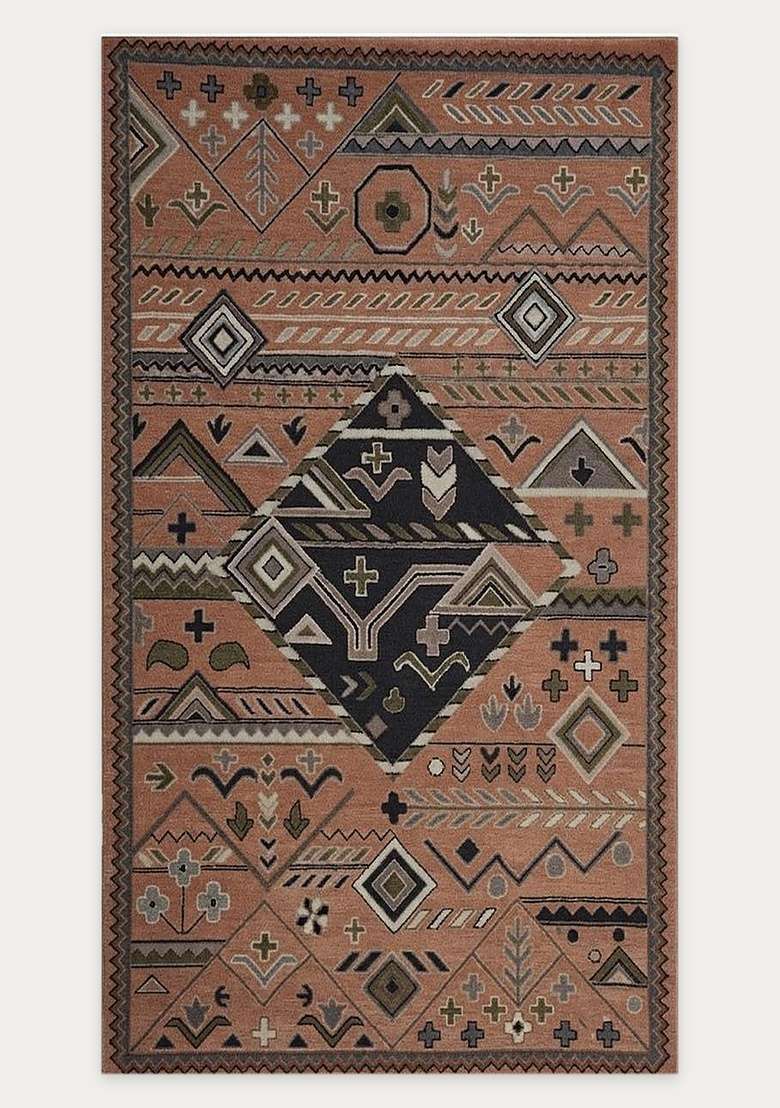 Saffron Rugs Terracotta Brown Bohemian Geometric Hand Tufted Wool Rectangular Rug - Indya