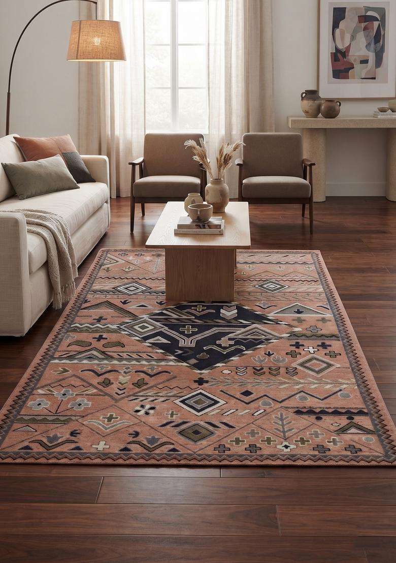 Saffron Rugs Hand-Tufted 100% Wool Area Rug | Terracotta Brown Rectangular Rug | Cotton Backing | Bohemian Geometric Carpet for Living Room - Indya