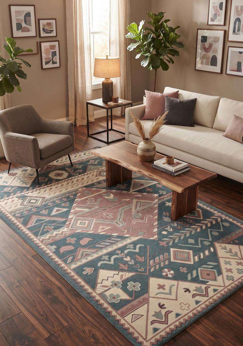 Saffron Rugs Hand-Tufted 100% Wool Area Rug | Teal Multicolor Rectangular Rug | Cotton Backing | Bohemian Geometric Carpet for Living Room - Indya